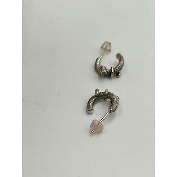 Tiny Half Hoop Earrings Sterling Silver Gold Wash Accents & CZ Stones Pierced - Picture 6 of 7